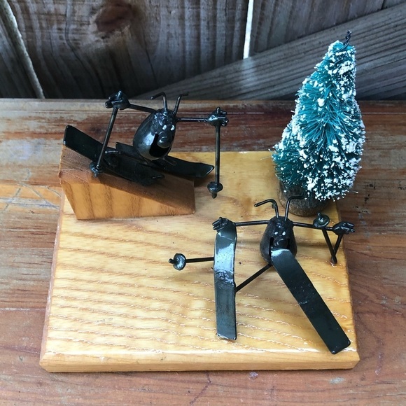 Greg and Jeff Quayle Hand Crafted Snow Skiing Fleas Metal Sculpture